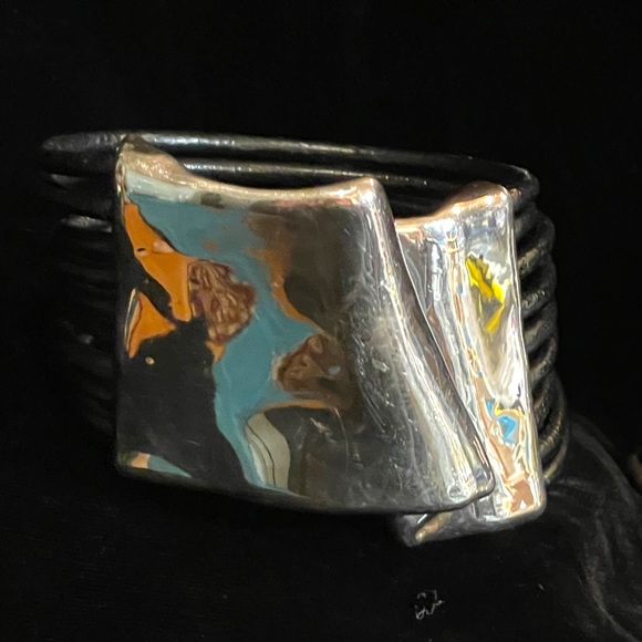 Sterling silver modernist 925 Israel bracelet multi strand leather strap - Picture 5 of 11